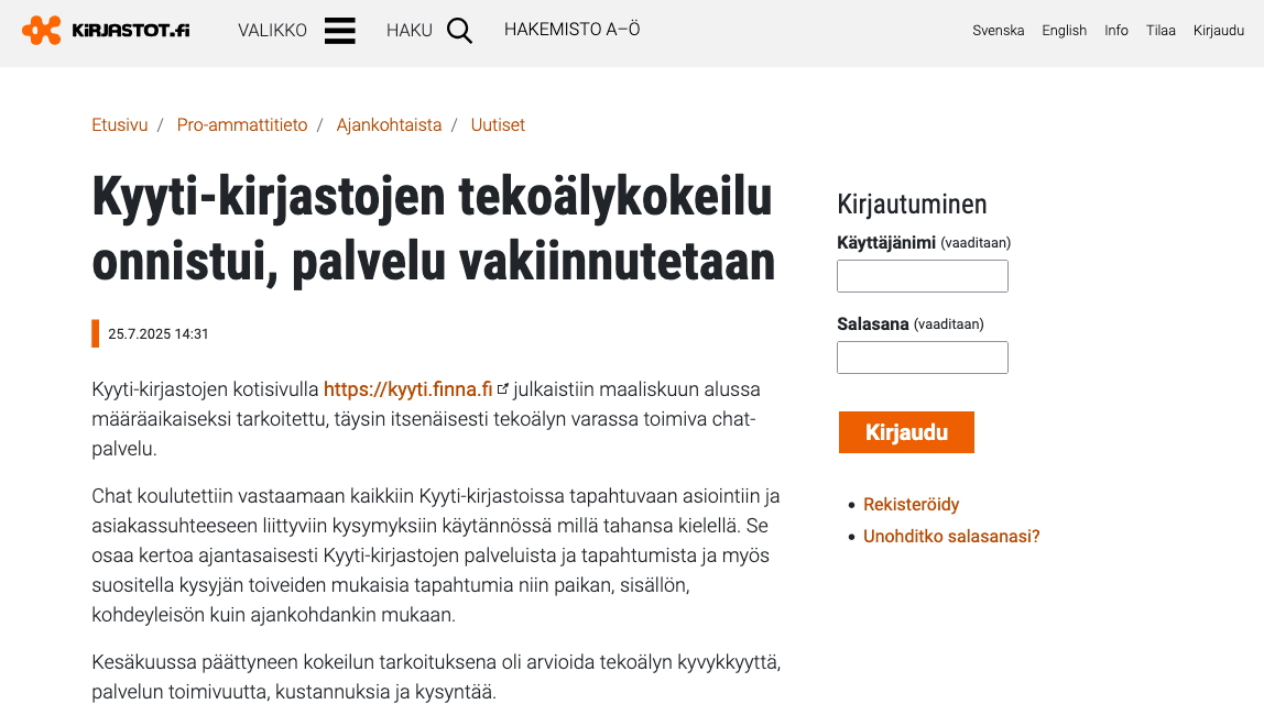 Kyyti libraries’ AI experiment to be From Pilot to Permanent: How Kyyti Libraries’ AI Chatbot Won Over Patrons