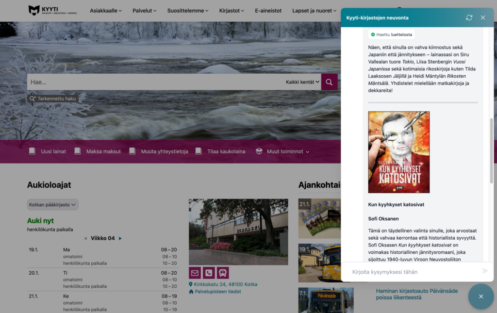 Kyyti library network website with AI chatbot - Finnish version