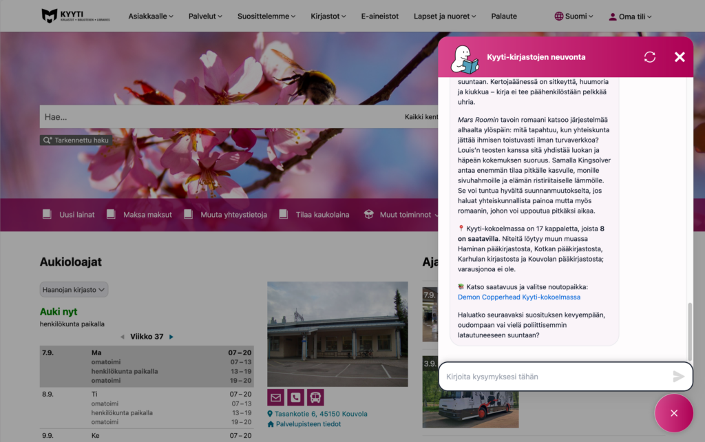 Kyyti library network website with AI chatbot - Finnish version